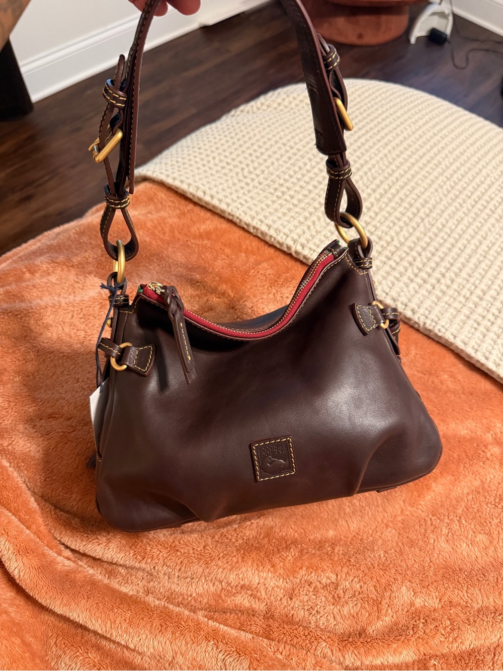 Dooney & Bourke Dark Brown Leather Shoulder Bag with Red Zip
